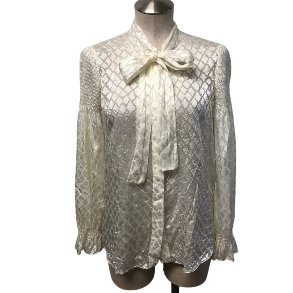 Diane von Furstenberg Blouse Women Small Cream Ivory Tie Neck Burnout 12851DVF‎